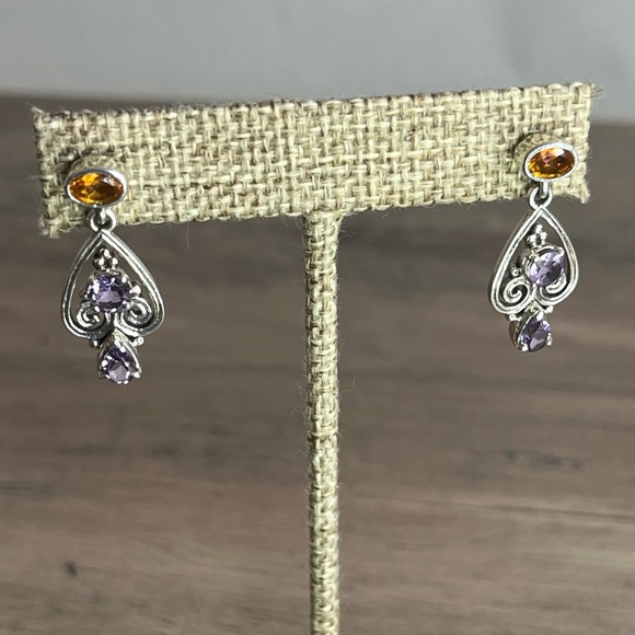Nicky Butler Sterling Silver Amethyst Topaz Multi Gem Scroll Heart Drop Earrings - Picture 7 of 10
